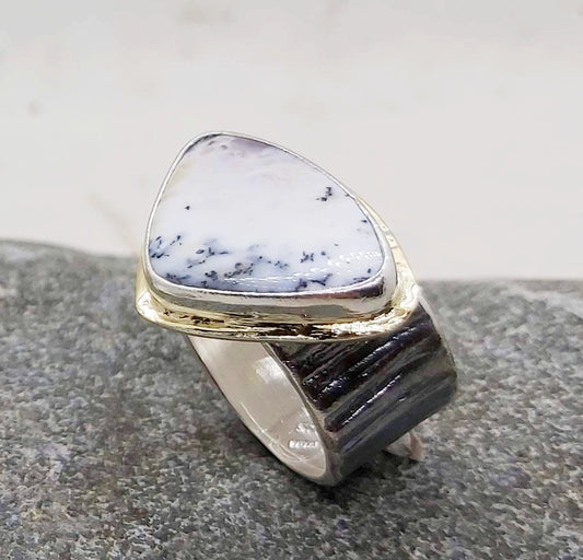 Triangle Opal dendrite cabochon ring in silver and gold, size 7.25