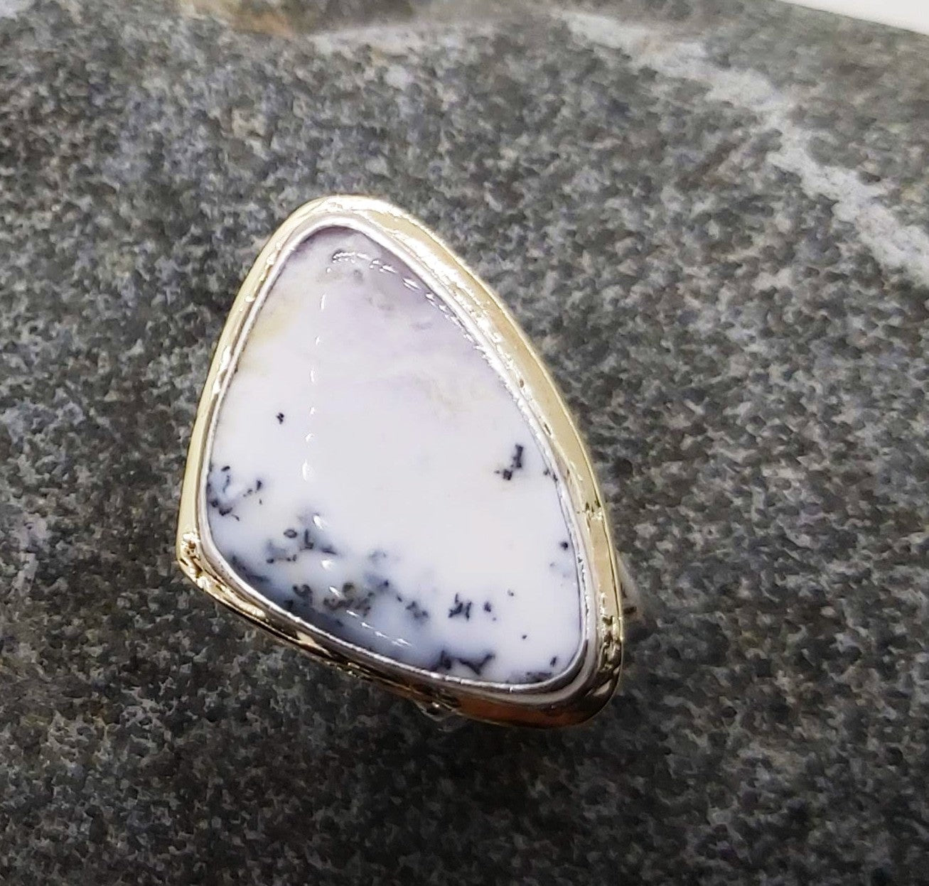 Triangle Opal dendrite cabochon ring in silver and gold, size 7.25
