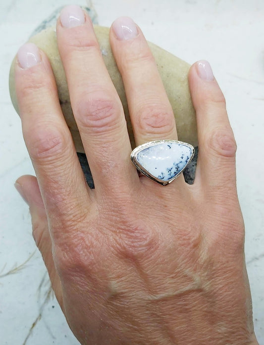 Triangle Opal dendrite cabochon ring in silver and gold, size 7.25