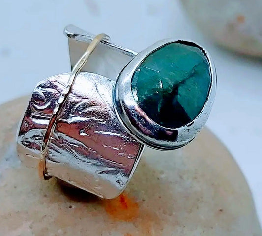 Free form rose cut almond shape Emerald ring size 8