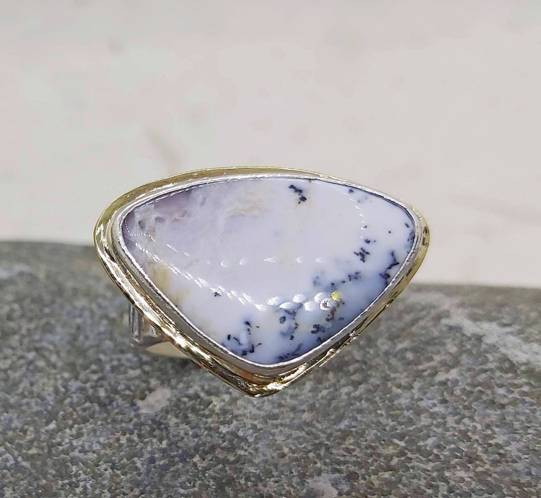 Triangle Opal dendrite cabochon ring in silver and gold, size 7.25