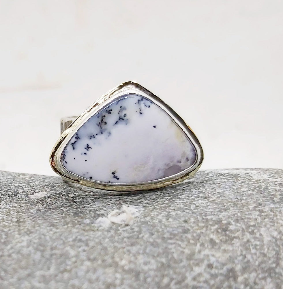 Triangle Opal dendrite cabochon ring in silver and gold, size 7.25