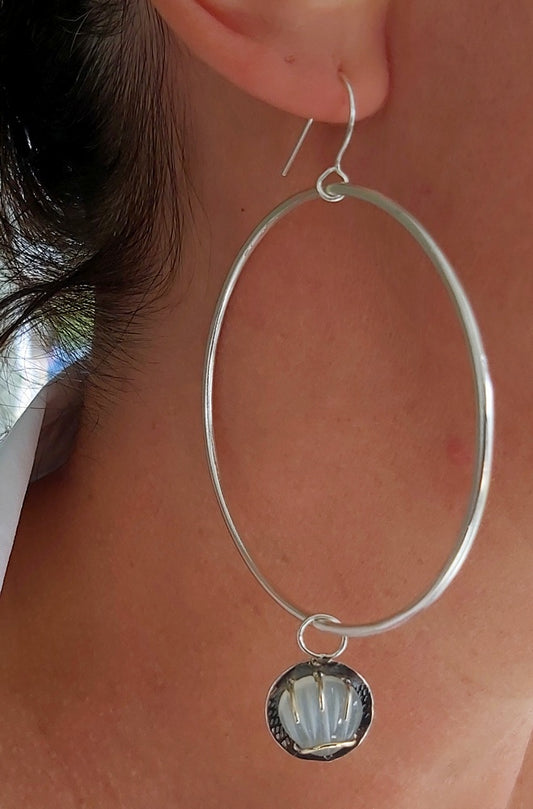 Large Silver hoops with dangling Moonstone