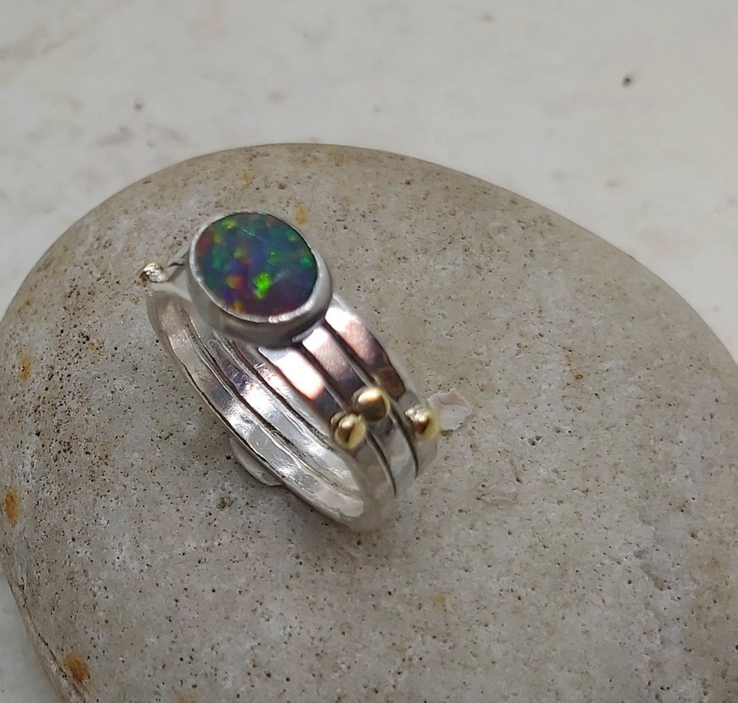 Ethiopian opal on hammered silver rings and gold dots, size 9-9.5