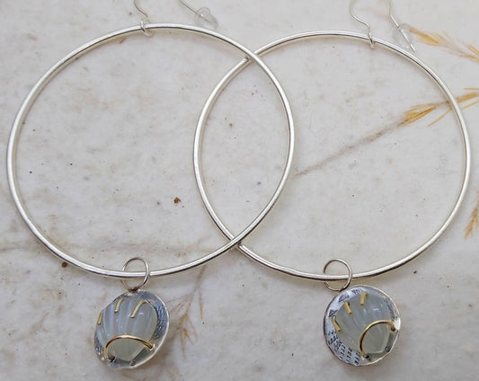 Large Silver hoops with dangling Moonstone