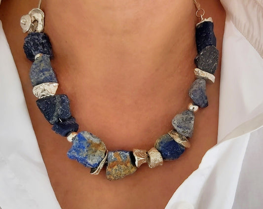 Rough Lapis Lazuli and silver necklace