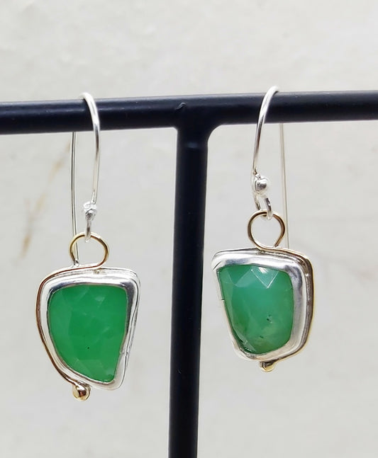 Free form rose cut Chrysoprase ,dangling silver and gold earrings.