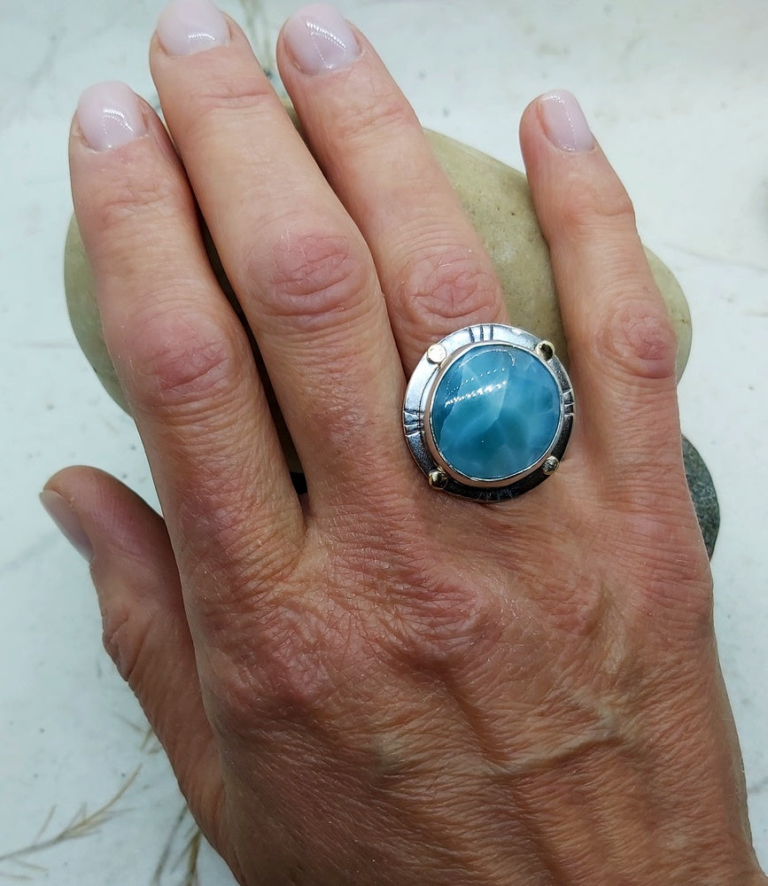Round cabochon Larimar ring, silver and gold size 7