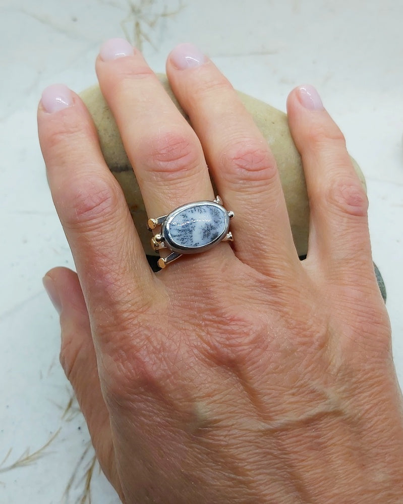 Oval cabochon Opal dendrite ring , size 8.25