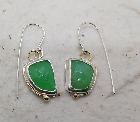Free form rose cut Chrysoprase ,dangling silver and gold earrings.