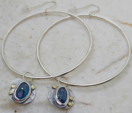 Kyanite stones on large sterling silver hoops