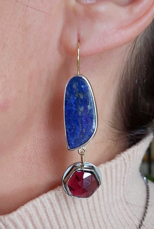 Double stone earrings, flat shaped Lapis Lazuli and faceted hexagonal garnets.