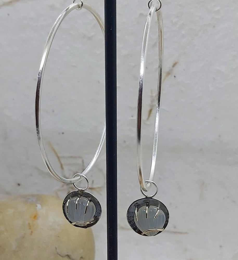Large Silver hoops with dangling Moonstone