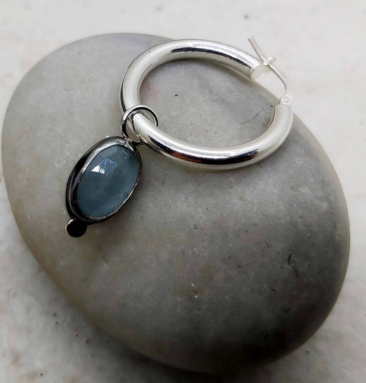 Light silver gypsy earrings with oval rose cut Aquamarine.