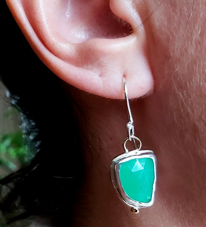 Free form rose cut Chrysoprase ,dangling silver and gold earrings.