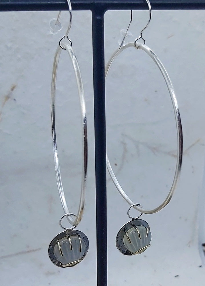 Large Silver hoops with dangling Moonstone