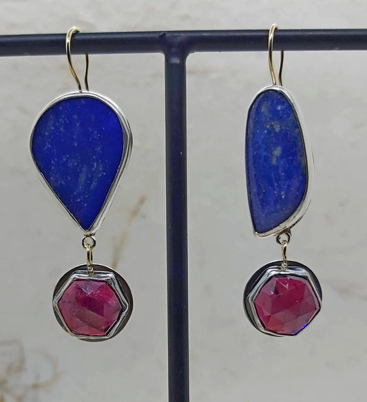 Double stone earrings, flat shaped Lapis Lazuli and faceted hexagonal garnets.