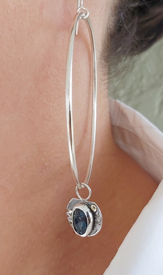 Kyanite stones on large sterling silver hoops