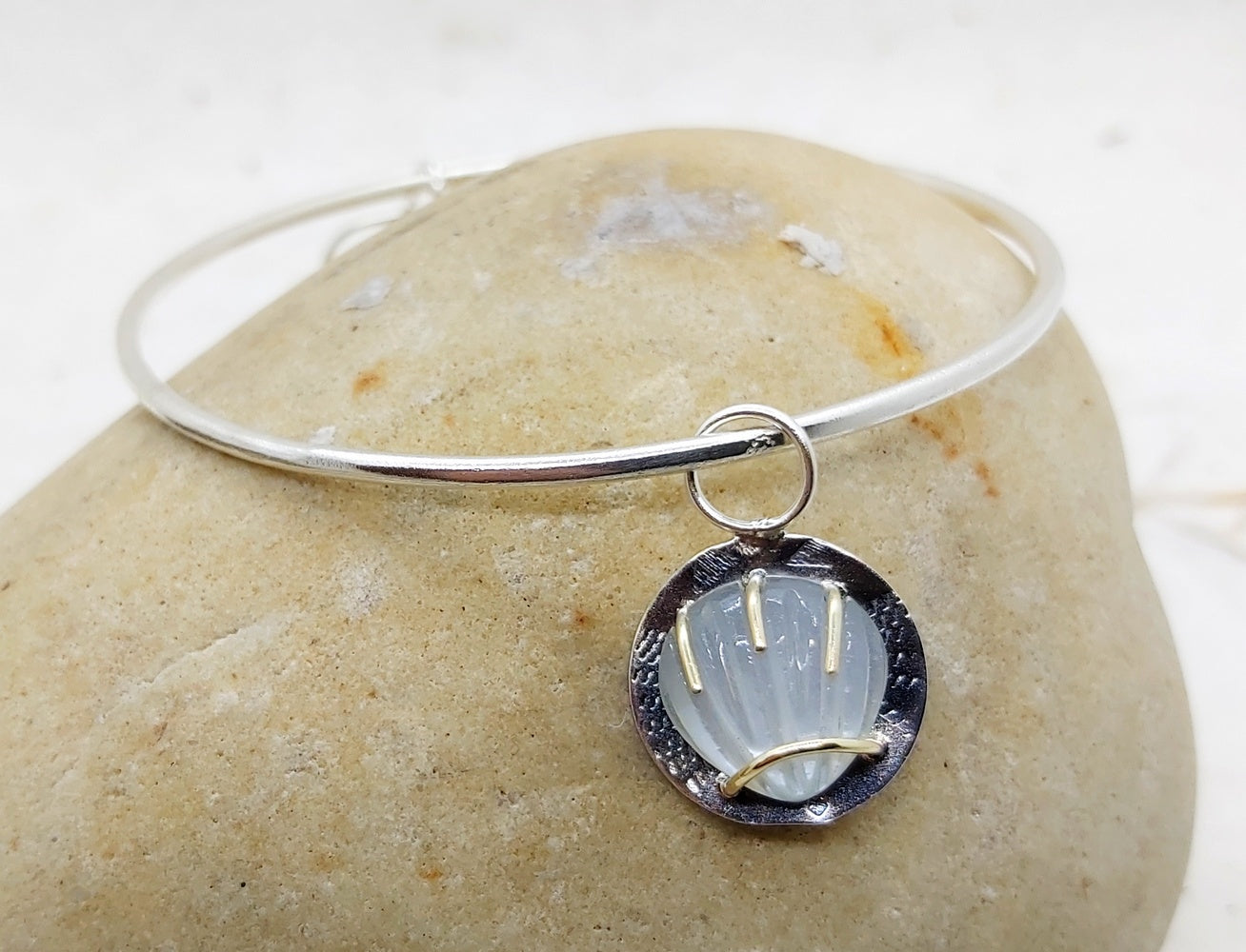 Large Silver hoops with dangling Moonstone