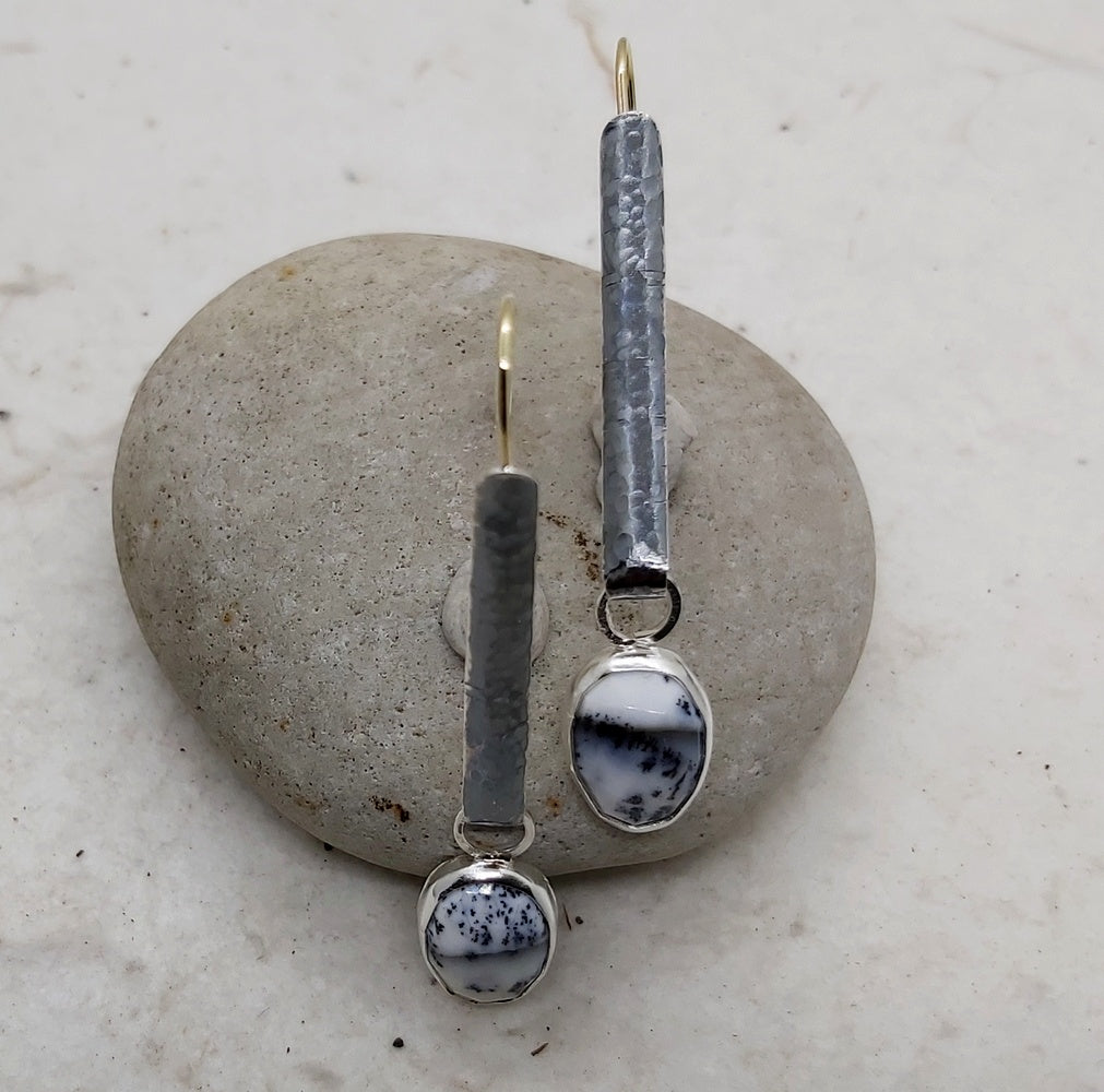 Silver and golf dangling Opal dendrite earrings