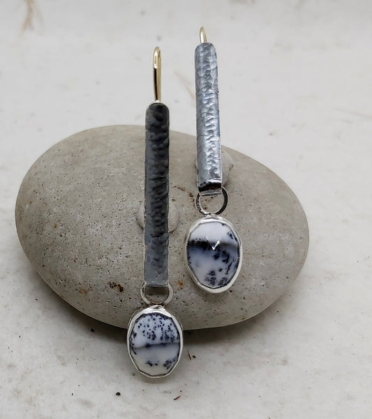 Silver and golf dangling Opal dendrite earrings