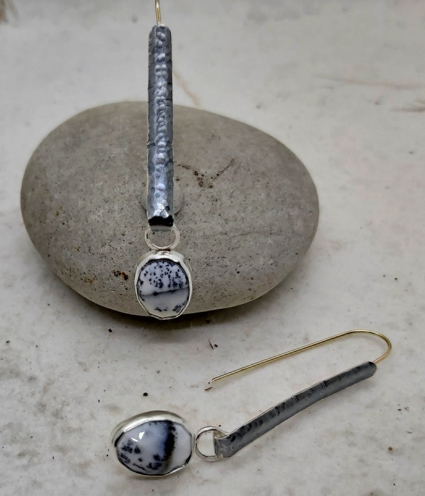 Silver and golf dangling Opal dendrite earrings