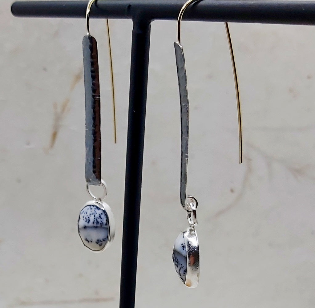 Silver and golf dangling Opal dendrite earrings