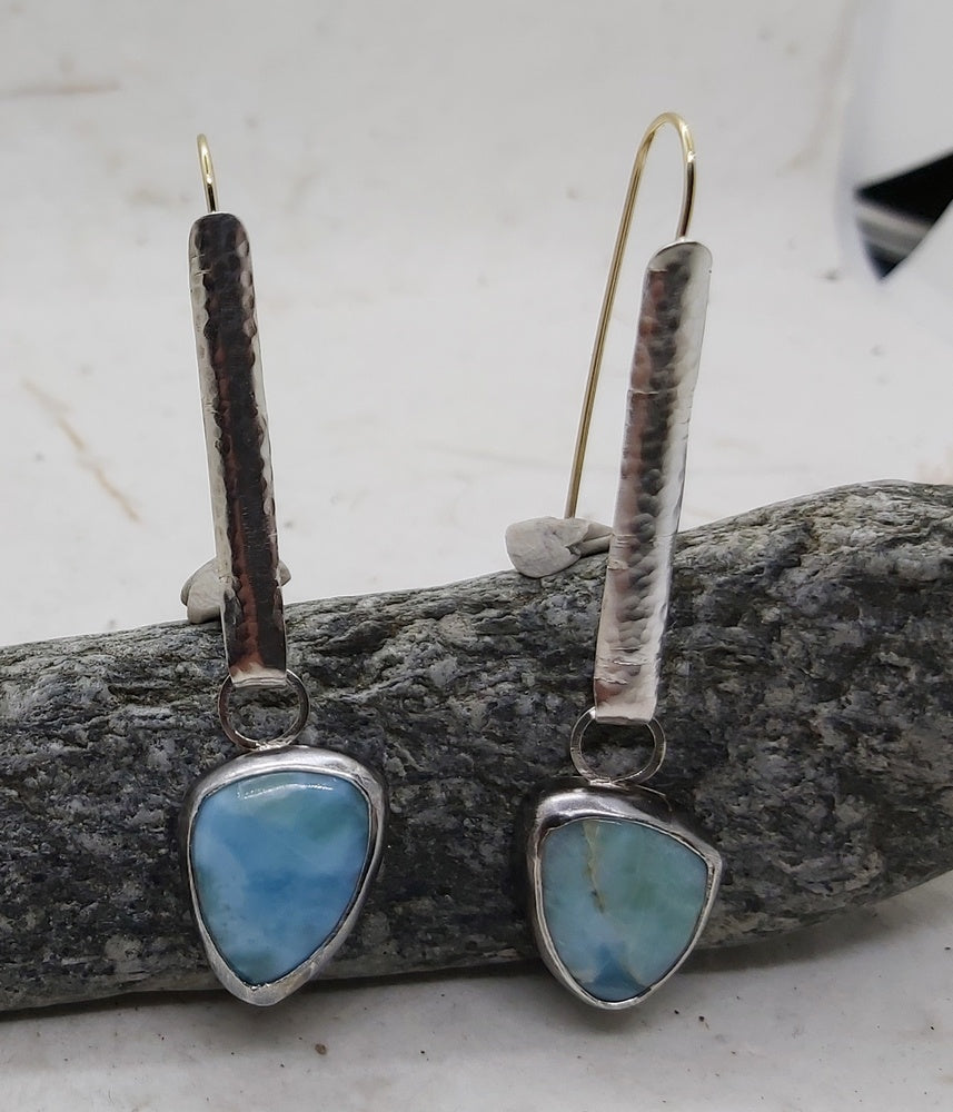 Silver and gold wire, Larimar cabochon dangling earrings