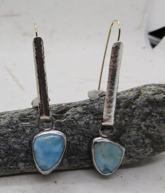 Silver and gold wire, Larimar cabochon  dangling earrings.