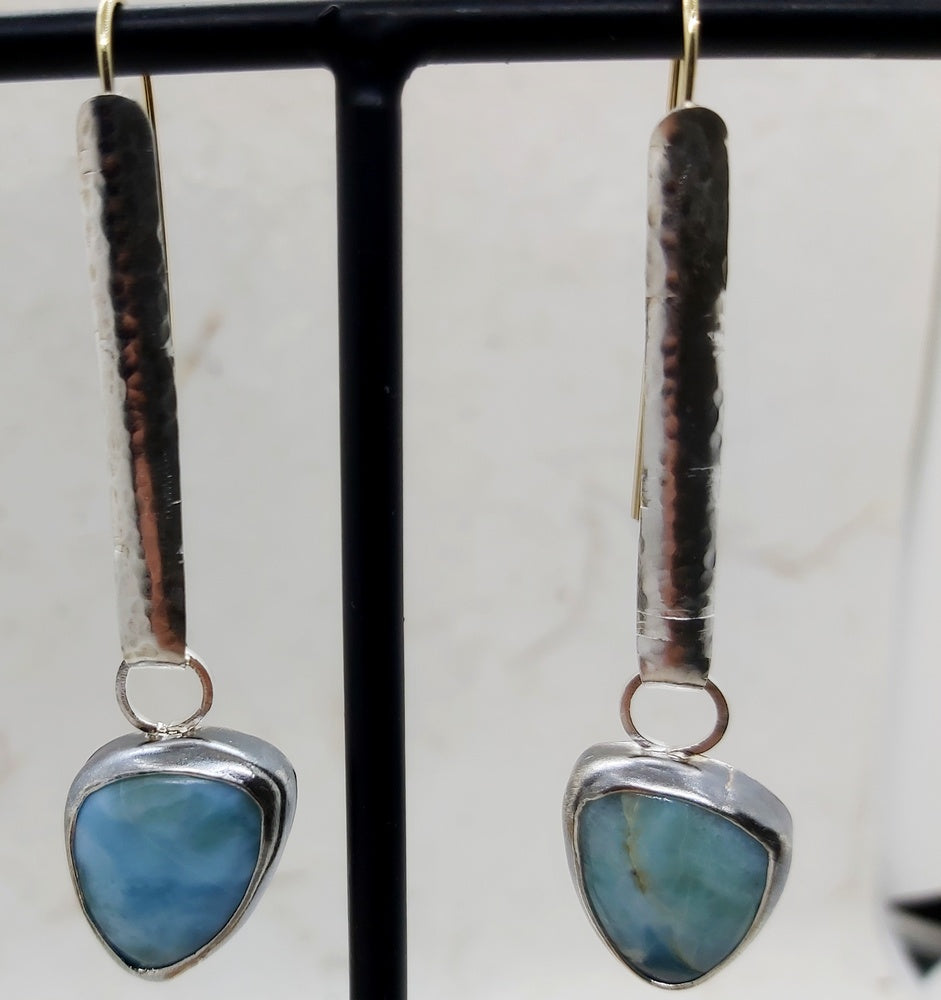 Silver and gold wire, Larimar cabochon dangling earrings