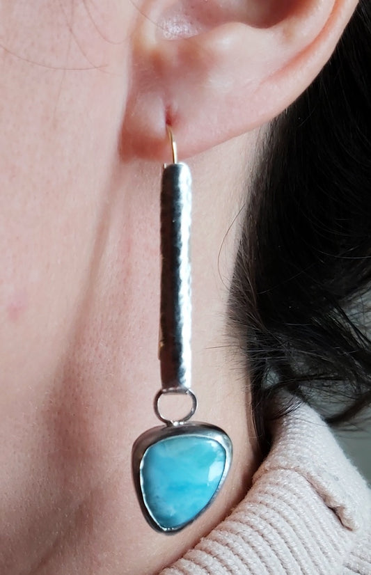 Silver and gold wire, Larimar cabochon  dangling earrings.