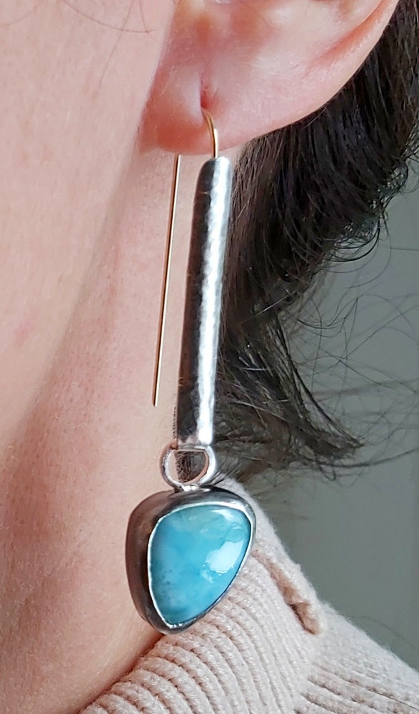 Silver and gold wire, Larimar cabochon dangling earrings