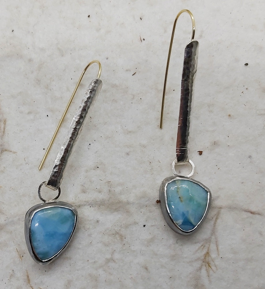 Silver and gold wire, Larimar cabochon dangling earrings