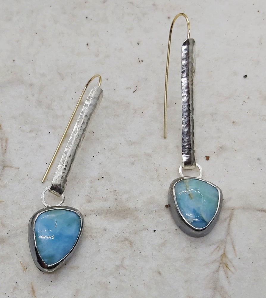 Silver and gold wire, Larimar cabochon dangling earrings