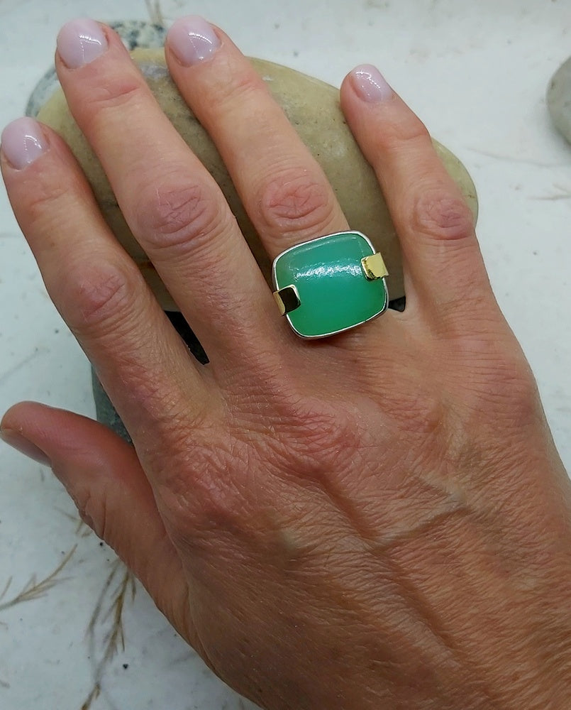 Square Cabochon Chrysoprase silver and gold ring, size 7.25