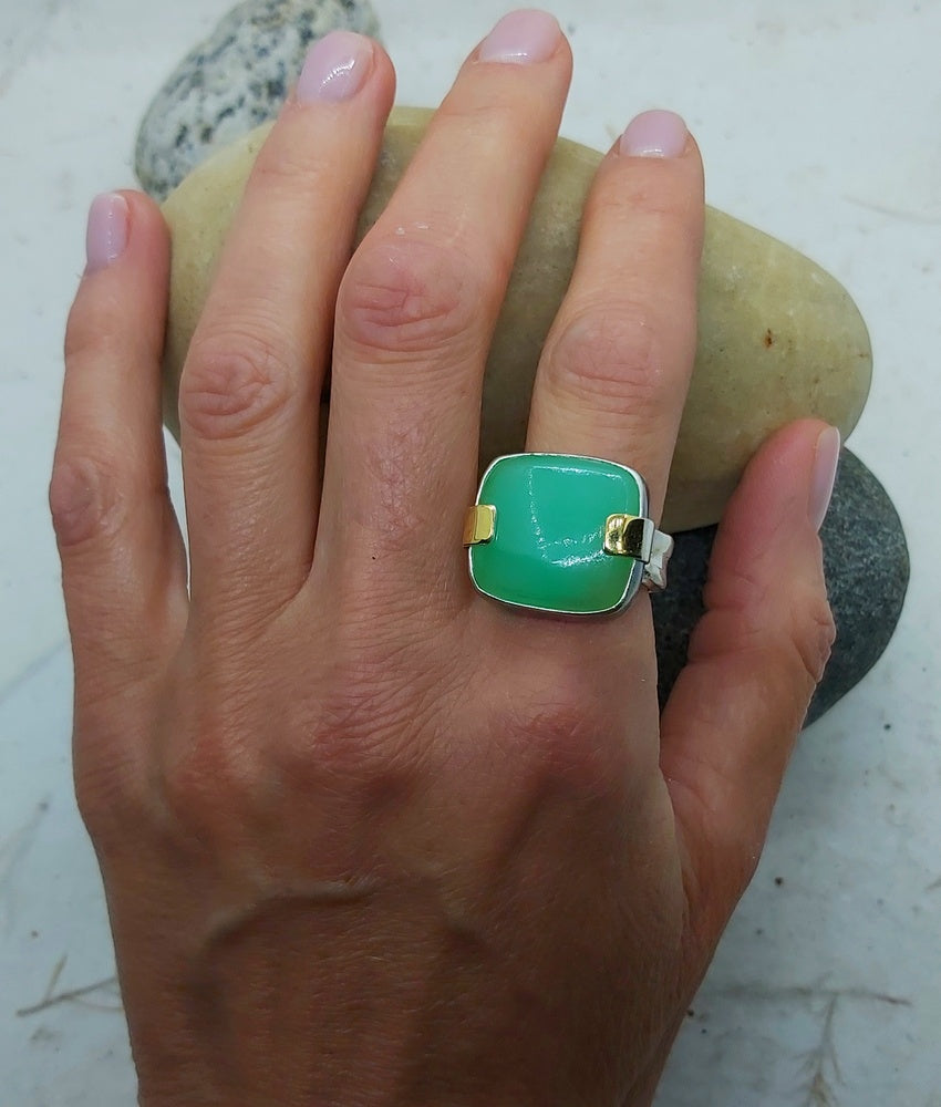 Square Cabochon Chrysoprase silver and gold ring, size 7.25