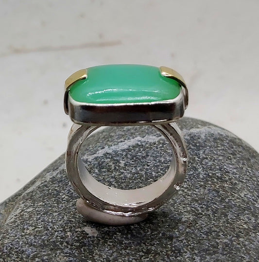 Square Cabochon Chrysoprase silver and gold ring, size 7.25