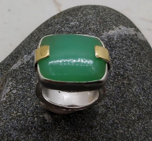 Square Cabochon Chrysoprase silver and gold ring, size 7.25