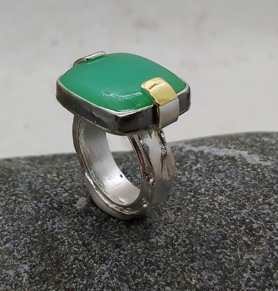 Square Cabochon Chrysoprase silver and gold ring, size 7.25