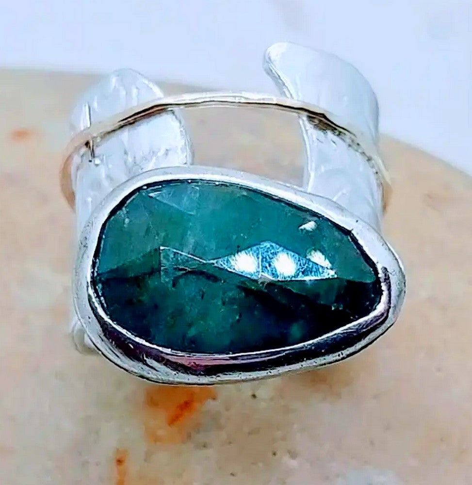 Free form rose cut almond shape Emerald ring size 8
