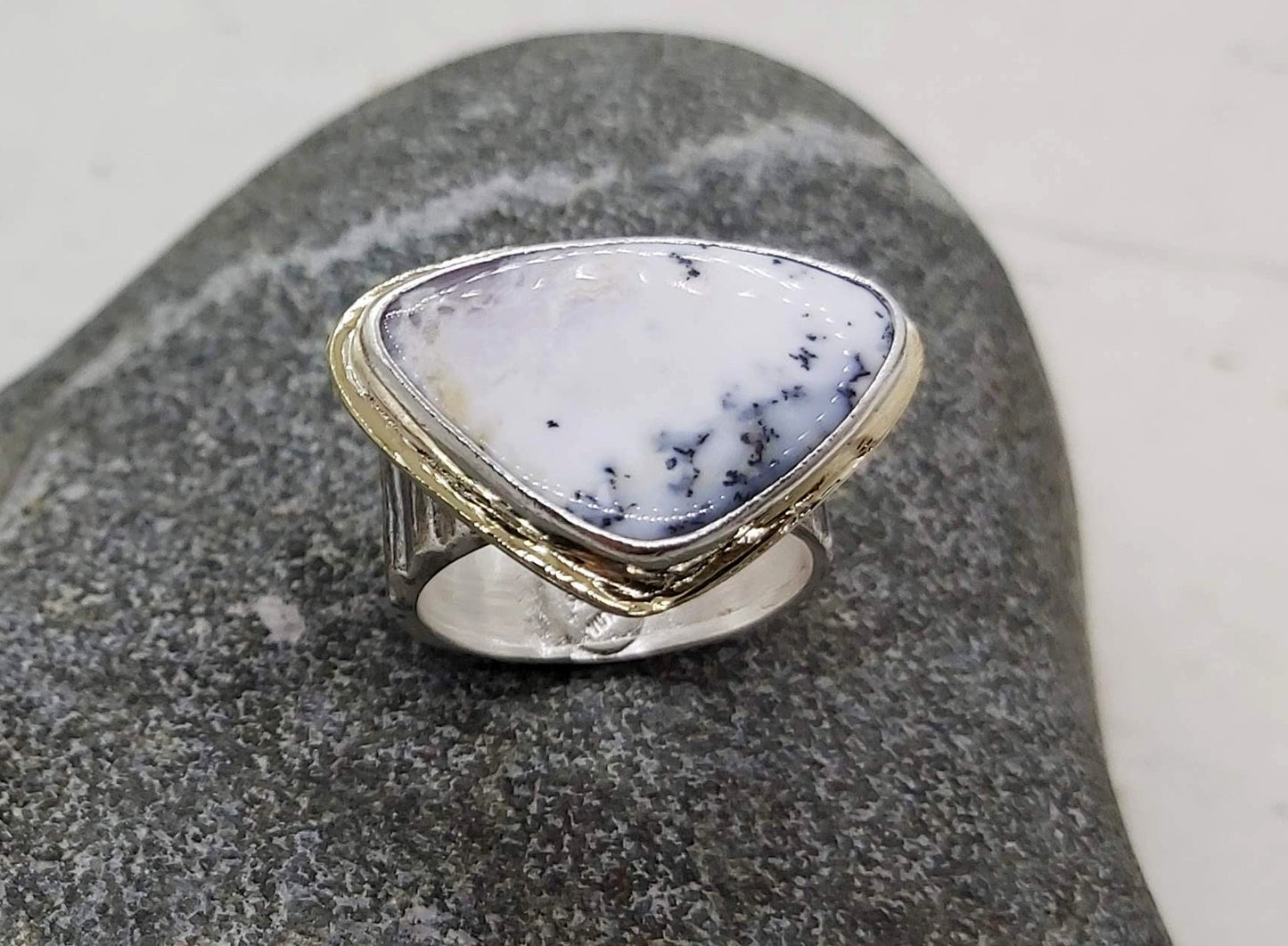Triangle Opal dendrite cabochon ring in silver and gold, size 7.25