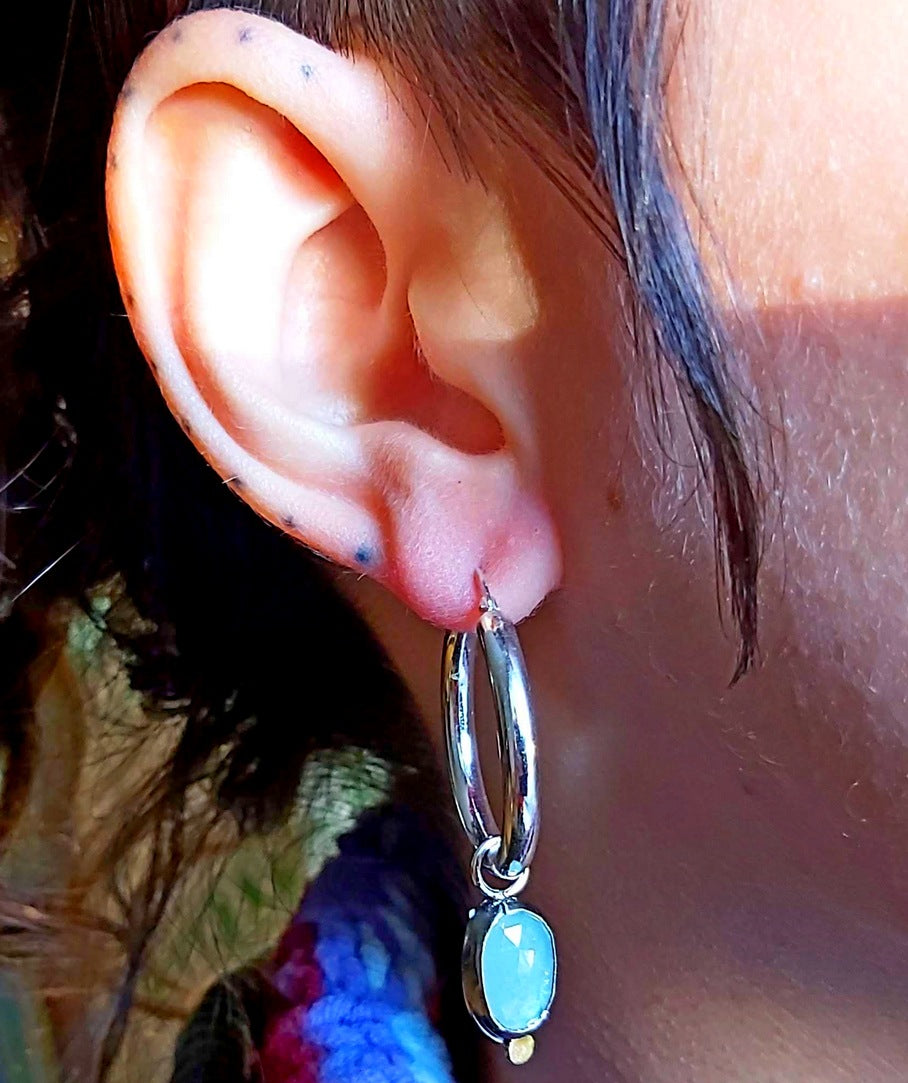 Light silver gypsy earrings with oval rose cut Aquamarine.