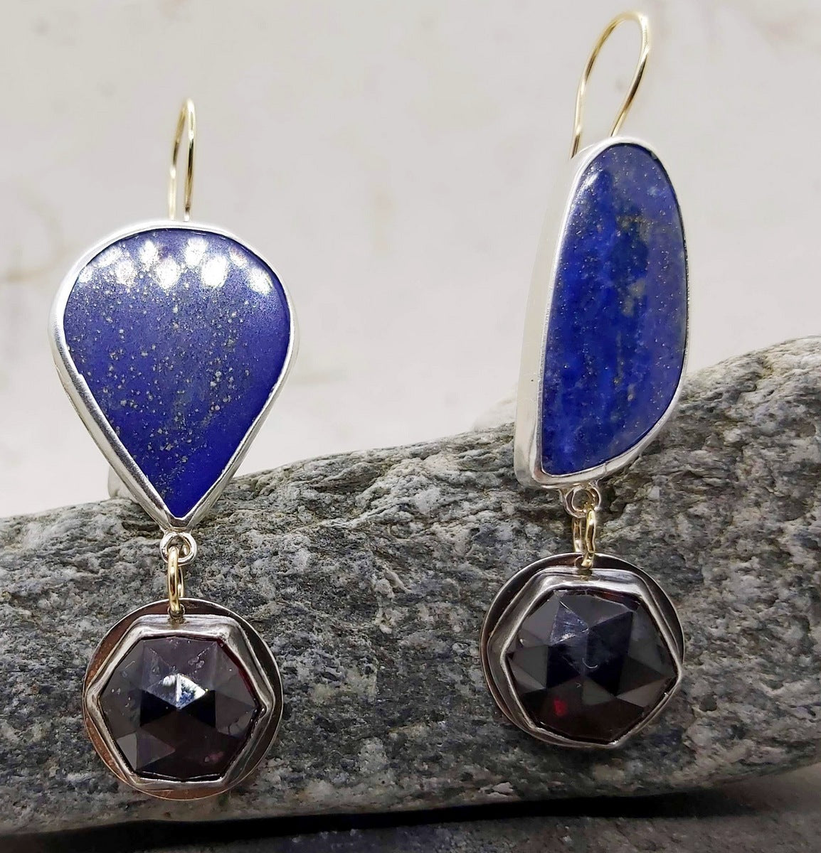 Double stone earrings, flat shaped Lapis Lazuli and faceted hexagonal garnets.