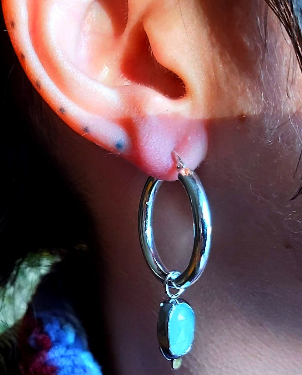 Light silver gypsy earrings with oval rose cut Aquamarine.