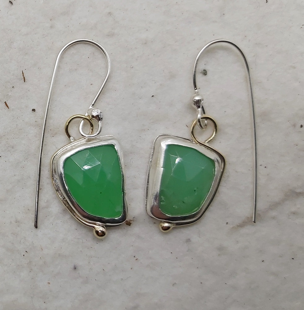 Free form rose cut Chrysoprase ,dangling silver and gold earrings.