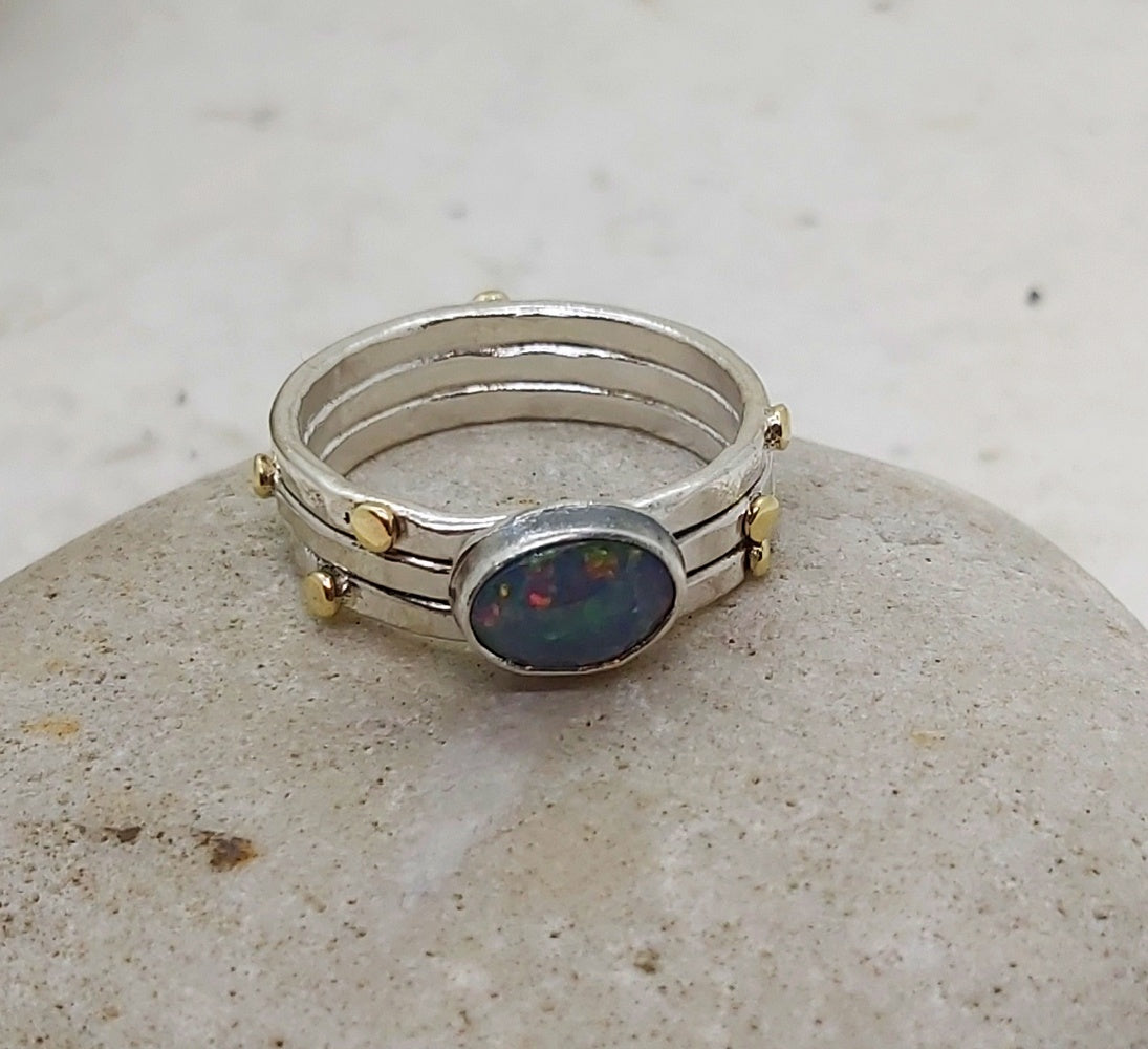 Ethiopian opal on hammered silver rings and gold dots, size 9-9.5