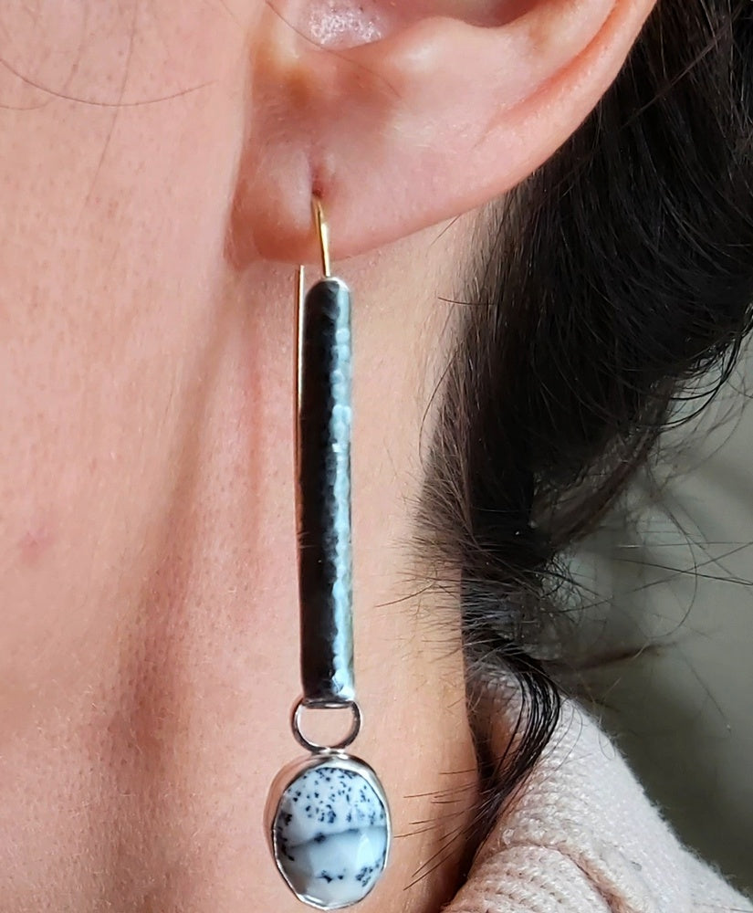 Silver and golf dangling Opal dendrite earrings