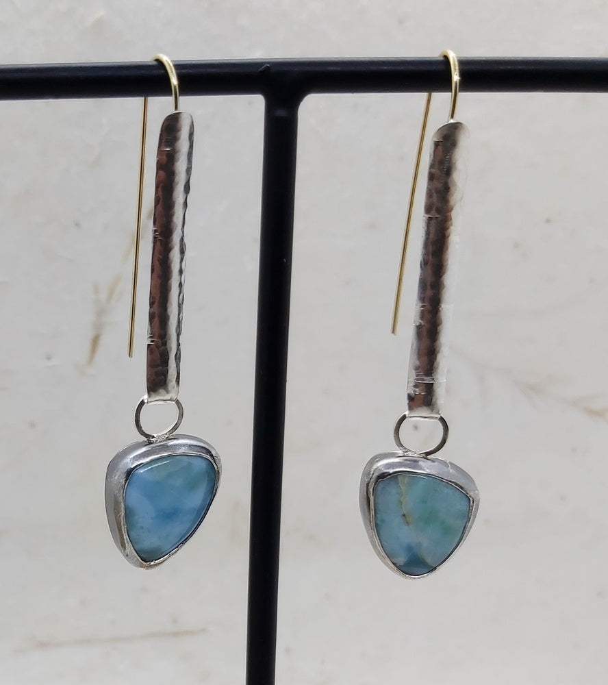 Silver and gold wire, Larimar cabochon  dangling earrings.