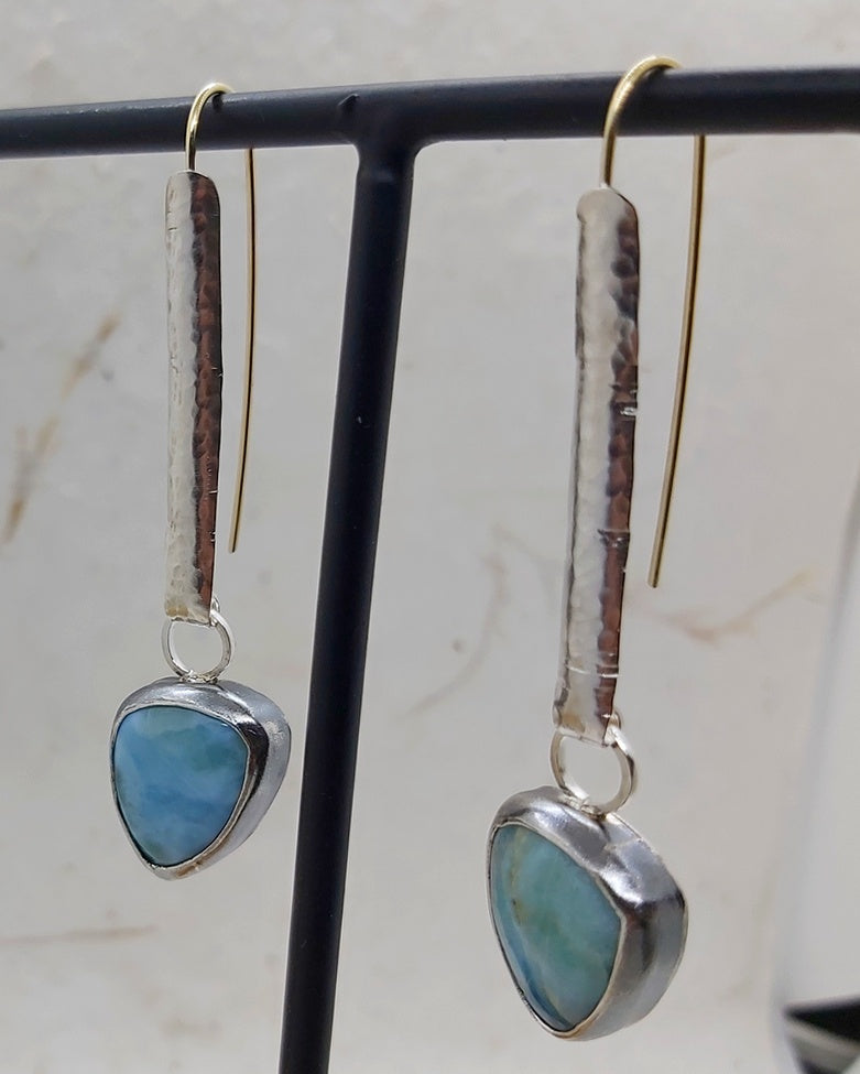 Silver and gold wire, Larimar cabochon  dangling earrings.