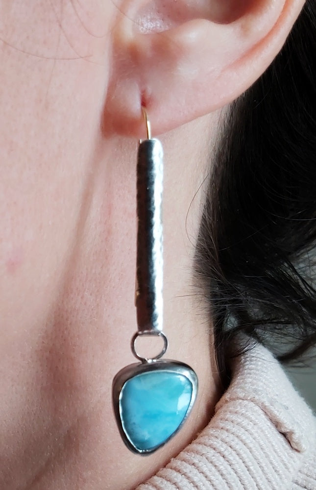 Silver and gold wire, Larimar cabochon dangling earrings